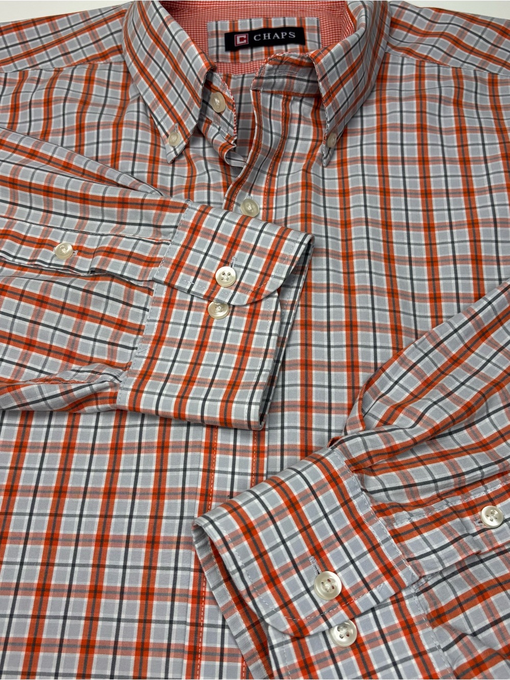 Ralph Lauren Chaps Men’s Orange & Gray Plaid Button-Down Shirt 17-17.5 34/35 EUC
